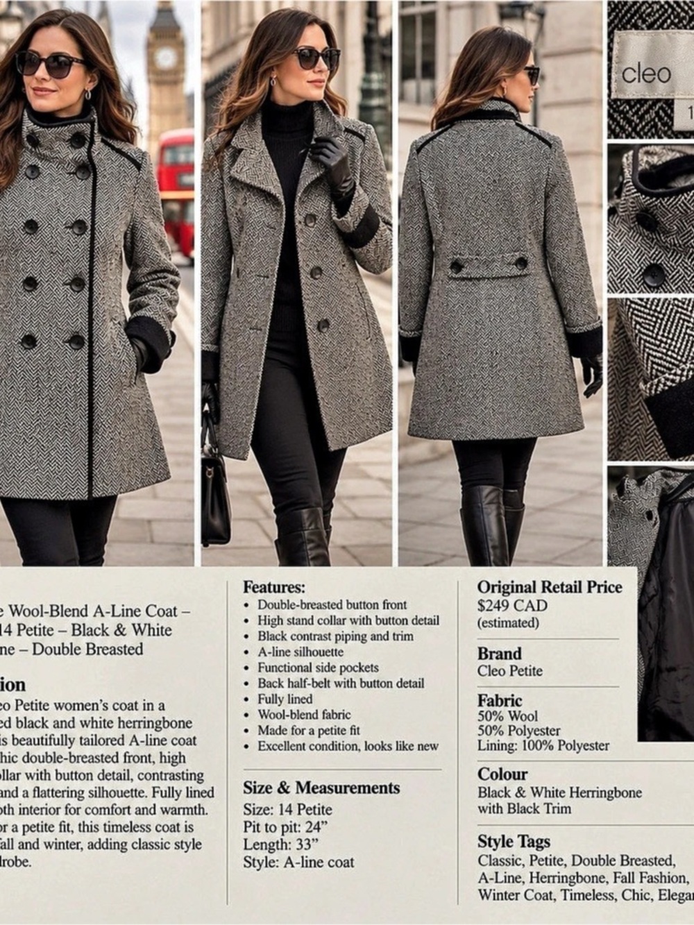 24” ptp Cleo Petite Wool Blend A-Line Coat – Size 14 Petite – Black & Ivory Herr - Picture 5 of 15